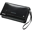 Men's Leather Business Wristlet Zippered Clutch Bag Handbag Organizer Wallet Purse (Black)
