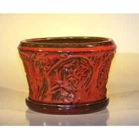 Bonsai Boy's Ceramic Bonsai Pot With Matching Tray9.0"x5.50" TallParisian Red ColorRound