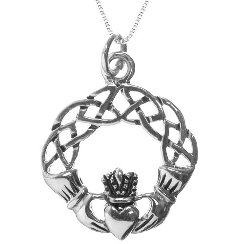 Sterling Silver Claddagh Pendant, 18″