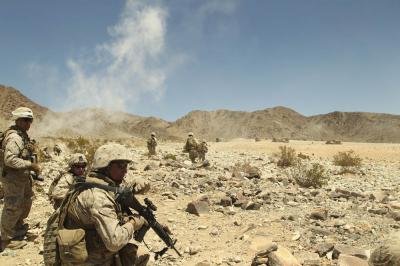 Horizontal Wall Decals Rifleman Gives His Team the Command to Cease Fire - 60 inches x 40 inches - Peel and Stick Removable Graphic