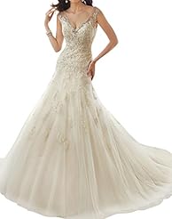 Sexy V-neck Lace Illusion Sleeveless Tulle Wedding Dress 