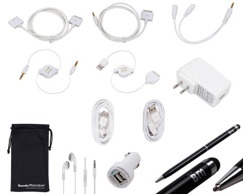 Bundle Monster 12in1 Cord Accessory Set for iPad 2/3 - USB + AUX Cables, Splitter, Stereo Handsfree Headset
