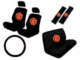 11 Piece Auto Interior Gift Set - Football Manchester United - 2 Bottom Seat Covers, 2 Top Seat Covers, 2 Headrest Covers, 2 Seat Belt Shoulder Pads, 1 Steering Wheel Cover, 1 Bottom Bench Seat Cover, 1 Top Bench Seat Cover