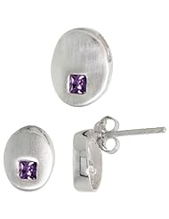 Sterling Silver Matte-finish Oval-shaped Earrings (9mm tall) & Pendant Slide (11mm tall) Set, w/ Princess Cut Amethyst-colored CZ Stones