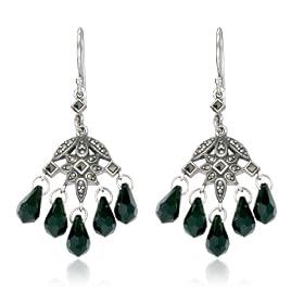 Sterling Silver Marcasite and Jet Crystal Dangle Wire Earrings by Amazon.com Collection
