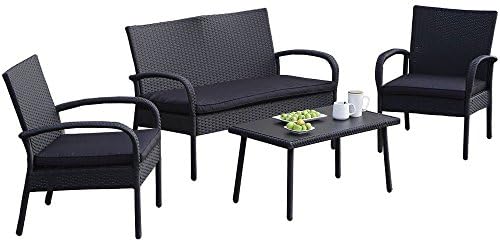 Carlota Furniture Patio Furniture Set, ideal for Outdoor, 4-Piece Modern Look Made of Black Wicker Rattan with Black Detachable Cushions Seats by Carlota Furniture