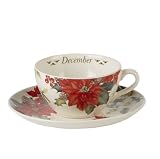 Spode Flowers of the Month Cup & Saucer 11 ounce - December (poinsettia, mistletoe, christmas rose, holly)