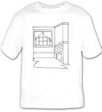 T-shirt with "black and white", window, fireplace, "New England", interior, room, curtain