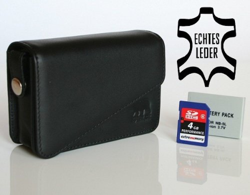 Bundlestar * Sparpaket aus  Kameratasche Echtleder Schwarz. Die Tasche  + Qualitäts Akku für Canon  NB-5L + Speicherkarte SDHC 4GB Klasse 6!! Für Canon Powershot  SX200 IS SX200IS