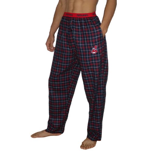 Mens MLB Cleveland Indians Plaid Cotton Thermal Sleepwear / Pajama Pants - Dark Blue & Red (Size: S)