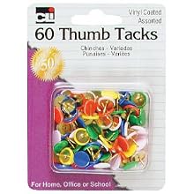 Charles Leonard Thumb Tacks - Assorted Colors - Vinyl Coated - 60/Card, 80991