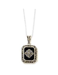 Genuine .925 Sterling Silver Marcasite and Onyx Locket Necklace. 100% Satisfaction Guaranteed.