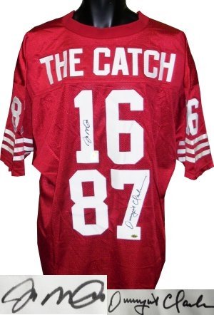 Dwight Clark Autographed/Hand Signed San Francisco 49ers Red Prostyle Jersey w/Montana- Clark Hologr
