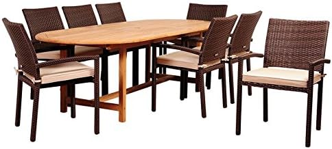 Amazonia Santa Clarita 9 Piece Eucalyptus Rectangular Dining Set with Antique Beige Sunbrella¨ Cushions With Chanasya Polish Cloth