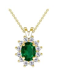 18K Yellow Gold Oval Cut Emerald And Round Diamond Pendant
