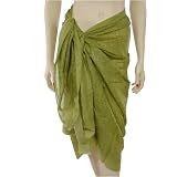 Sarong Pareo Wrap, Khaki Green Colored Paisley Lotus Flower Sheer Lightweight Cotton Print