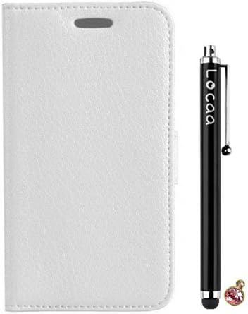 Locaa(TM) HTC Desire 620 HTC620 New Leather Case + Phone stylus + Anti-dust ear plug Deluxe Luxury Crystal Pearl Diamond Rhinestone eye-catching Beautiful Leather Retro Support bumper Cover Card Holder Wallet Cases - [Pure color Series] White