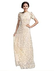 General Print Short Sleeves High-Neck Cocktail Floor Length Lace Chiffon Evening Dress/Bridesmaid Dress/Prom Dress/Wedding Party Dress 