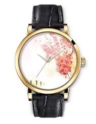 SPRAWL Aanalog Fashion Series Gold Ladies Watches of Genuine Black Leather Strap,Unique Wrist Watch for Women Girls Designed with Branches of red leaves