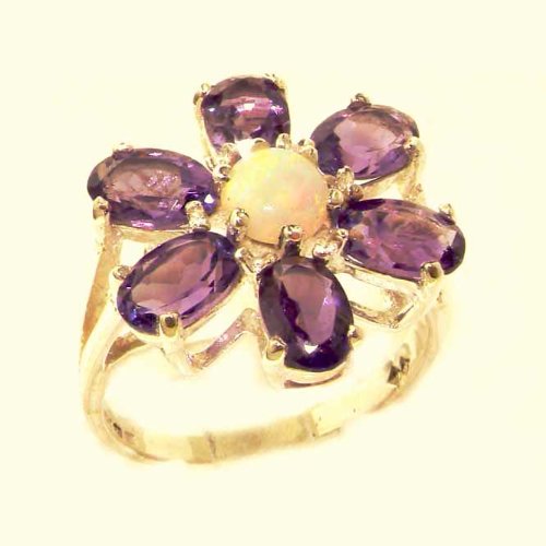 Solid English Yellow Gold Womens Large Fiery Opal & Amethyst Flower Ring - Finger Sizes 5 to 12 Available