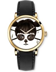 SPRAWL Aanalog Fashion Series Gold Ladies Watches of Genuine Black Leather Strap,Unique Wrist Watch for Women Girls Designed with Painted face girl