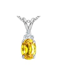 Tommaso Design (tm) 8x6mm Oval Genuine Yellow Orange Sapphire and Diamond Pendant in 14 kt White Gold