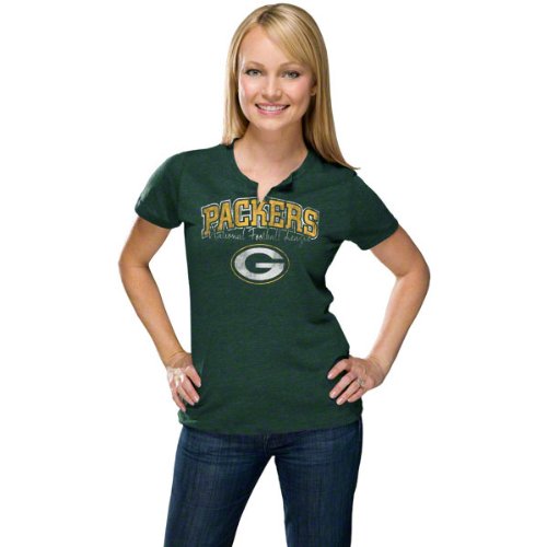NFL Women's Green Bay Packers Champion Swagger II Short Sleeve Split Crew Neck Heather Tee (Dark Green Heather, Large)