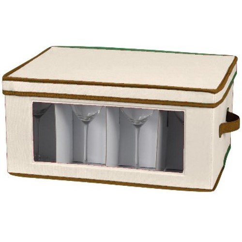 Household Essentials Goblet-Style Wine Glass Storage Chest, Natural Canvas with Brown Trim