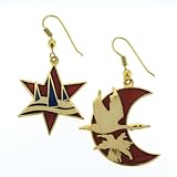 Gold Plated Bird and Sea Cloisonne Earrings in Star and Crescent Moon Shape - Approx. 29mm, Red