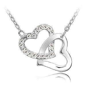 Collier coeurs entrelacés serti de cristaux Swarovski Elements plaqué en or blanc 18 carats - Cristaux couleur blanc diamant (chaine + pendentif)