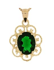 14k Gold Oval Synthetic Emerald May Birthstone Filigree Charm Pendant