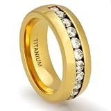 8MM Men’s Titanium 18K Gold Plated Ring Wedding Band with Channel Set CZ Simulated Diamonds