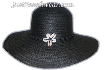 Braided Hat with 4" Brim with Cowry Shell Flower, Black