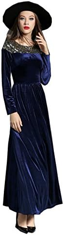 Desimpler Women's Long Sleeve Scoop Sequin Velvet Stretchy A Line Long Dress (US 10, Dark Blue)