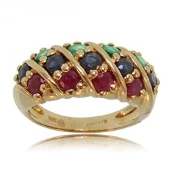 Sapphire, Emerald & Ruby Ring in Solid 14K Yellow Gold
