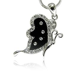 White Gold Plated Crystal Onyx Butterfly Pendant Necklace Fashion Jewelry
