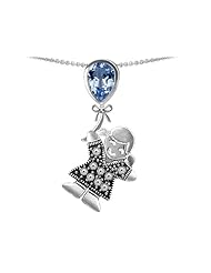 Original Star K (tm) Little Girl Holding a Balloon Mother Birthstone Simulated Aquamarine Pendant in 925 Sterling Silver