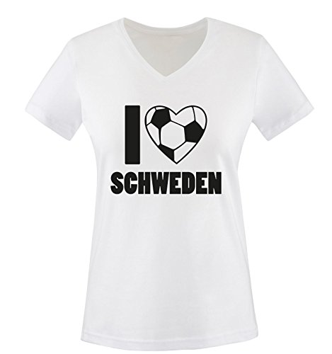 I LOVE SCHWEDEN – Damen V-Neck T-Shirt – Weiss / Schwarz Gr. M