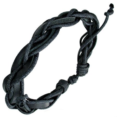 Men's Black Leather Braided Bracelet, Adjustable 7.5 Inches and Up