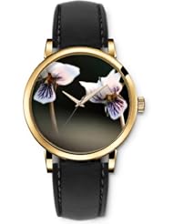 SPRAWL Aanalog Fashion Series Gold Ladies Watches of Genuine Black Leather Strap,Unique Wrist Watch for Women Girls Designed with white Flowers