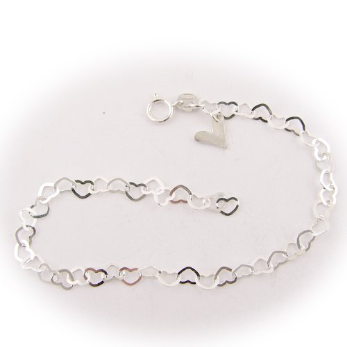 Sterling Silver Flat Heart Link Charm Anklet Nickel Free Italy Adjustable 9.5 Inch image