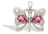 14K White Gold Genuine Pear Pink Tourmaline and Diamond Butterfly Pendant