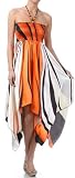 FOSatinSwirl12-5331 Swirl Design Satin Feel Beaded Halter Smocked Bodice Handkerchief Hem Dress - Orange / Medium