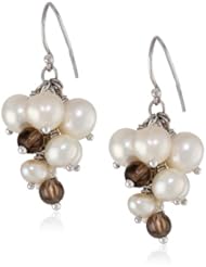 Round Smoky Quartz Bead and White Potato Freshwater Cultured Pearl Cluster Sterling Silver Ear Wire Drop Earrings