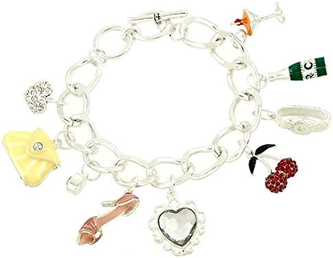 Girls Night Out Charm Bracelet C18 Shoe Martini Watch Heart Silver Tone Toggle Clasp