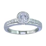0.80 Ct. Round Cut Diamond Engagement Ring With Accent Diamonds In 14k White Gold in Bezel Setting, Available In Sizes 4, 5, 6, 7, 8, & 9.