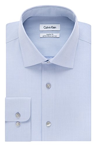 Calvin Klein Men's Regular Fit Non Iron Herringbone Spread Collar Dress Shirt, Blue, 17