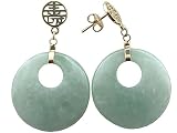 Light Green Jade Sou (Long Life) Thick Tempo Earrings, 14k Gold