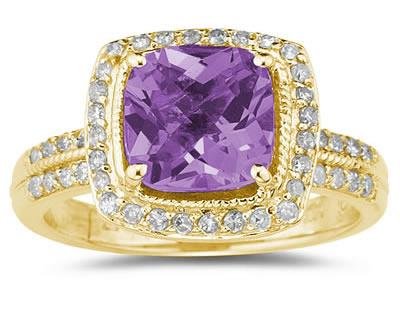 2.50ct Cushion Cut Amethyst & Diamond Ring in 14K Yellow Gold