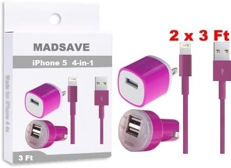Madsave 4-in-1 Charging Set Inlcudes 2-Tone AC Travel Wall Charger + Dual USB Car Charger + 2 x 3 Feet 8-pin Cables for Apple iPhone 5 / 5s / 5c / 6 / 6 Plus, iPod 7, iPad Mini / mini 2/ mini 3, iPad 4 / iPad Air / iPad Air 2 (Hot Pink)